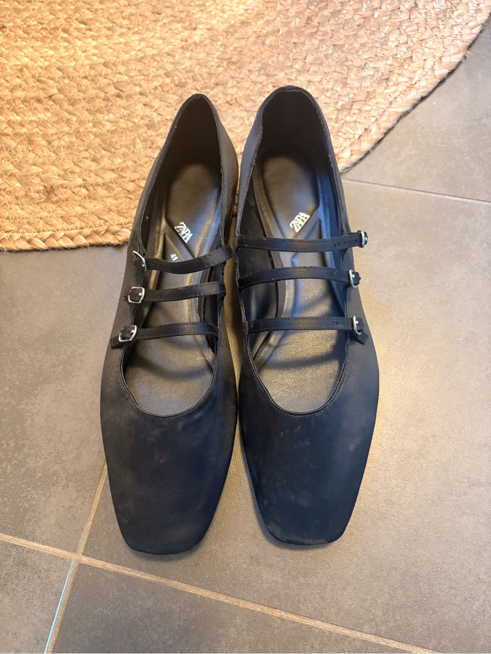 Zara Black Triple-Strap Square-Toe Flats